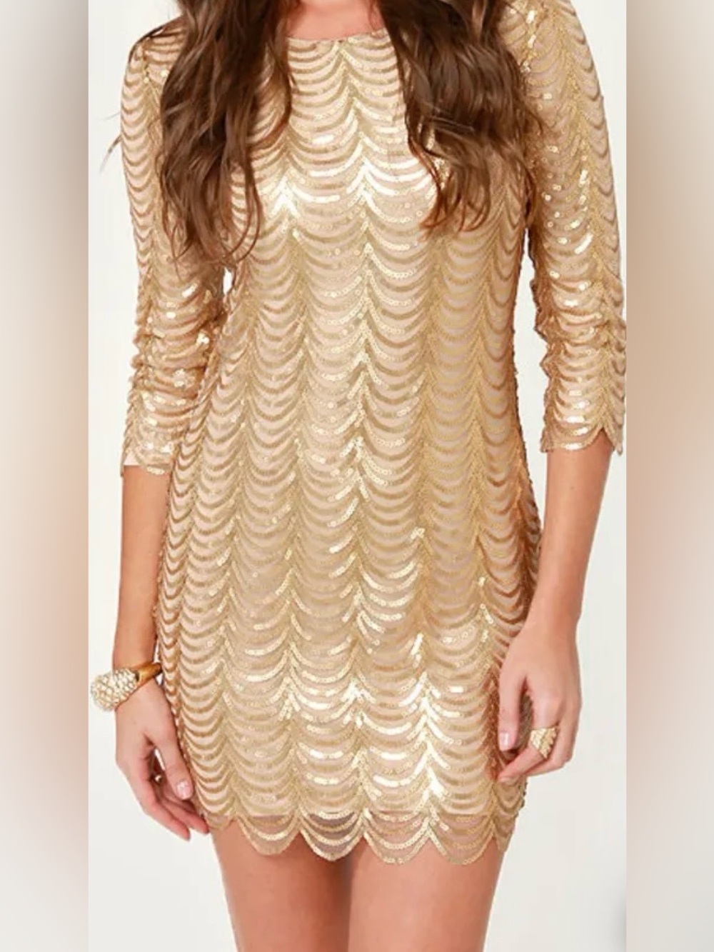 Lulus Rose Gold Bodycon Sequin Mini Dress in Scalloped Pattern NWT